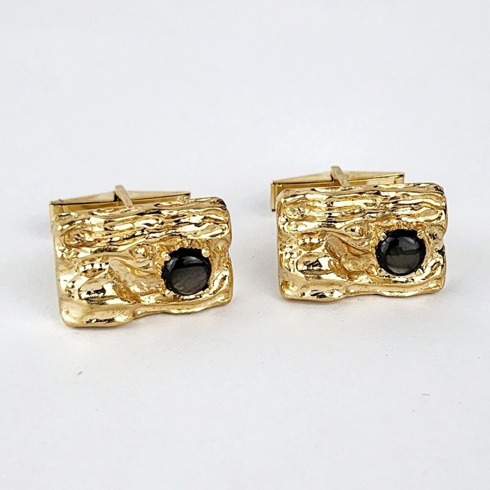 Set of 14K Yellow Gold Black Star Sapphire Rectangle Nugget Cufflinks & Tie Clip - Picture 3 of 8